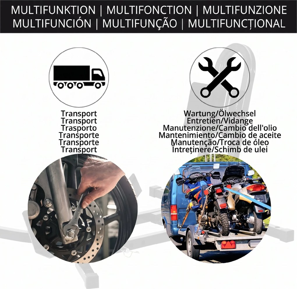 HOMCOM Suport pentru Motocicletă Reglabil pe 3 Nivele, Sistem de Blocare Roți Motocicletă în Metal cu Găuri, 60x55x43 cm, Negru