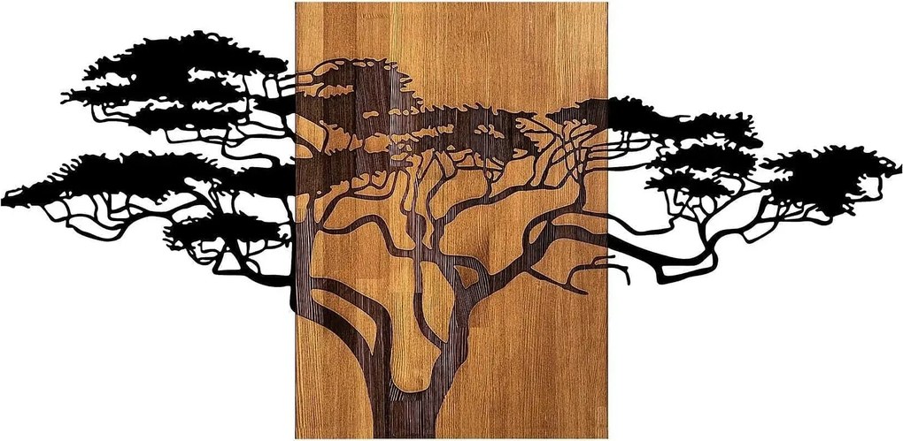 Decoratiune perete ACACIA TREE-329, negru/stejar, metal/lemn, 144x3x70