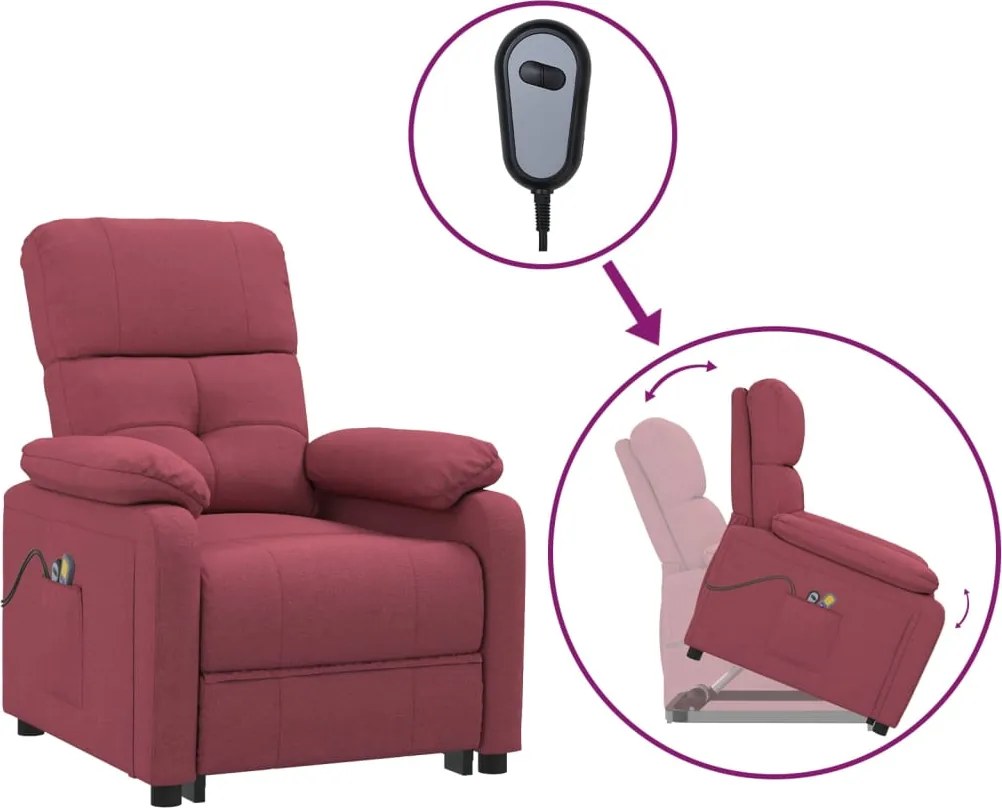 vidaXL Fotoliu de masaj cu ridicare, roșu vin, material textil