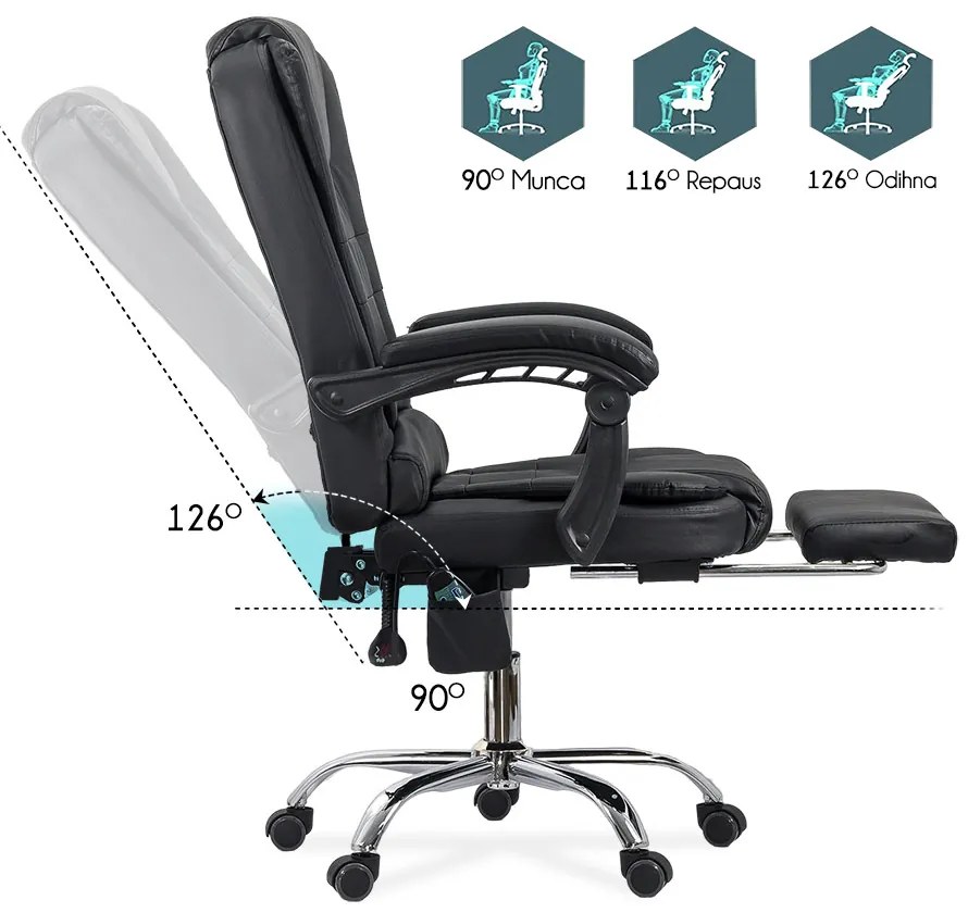 Scaun de birou cu masaj în 7 puncte din piele ecologică cu suport pentru picioare OFF 418M negru