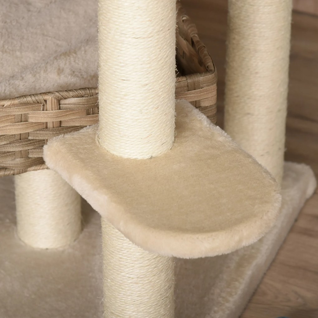 PawHut Săculeț de zgâriat din ratan cu căsuță pentru pisici Săculeț de pisici cu mai multe etaje Kletterbaum pentru pisici E1 MDF Sisal Bej+Maro 55 x 55 x 174 cm | Aosom Romania