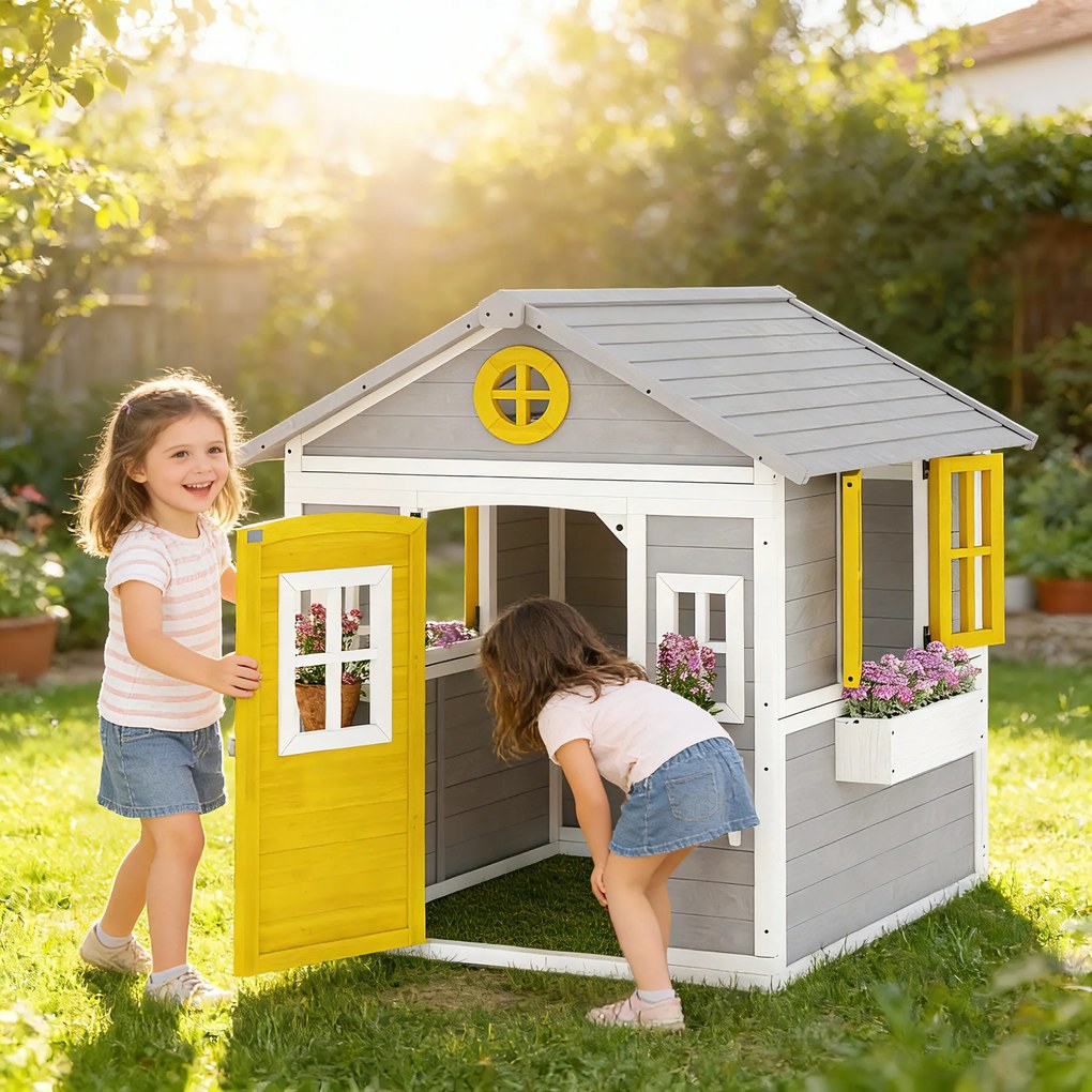 Outsunny Căsuță pentru Copii din Lemn, Exterior și Interior, cu Ușă, Ferestre, Jardiniere și Suporturi pentru Flori, Gri | Aosom Romania