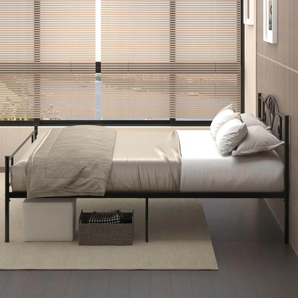 HOMCOM Structura Pat Matrimonial din Otel 160x200cm cu Sipci Integrate, Tetiera si Tablie, Spatiu de Depozitare, Negru | Aosom Romania