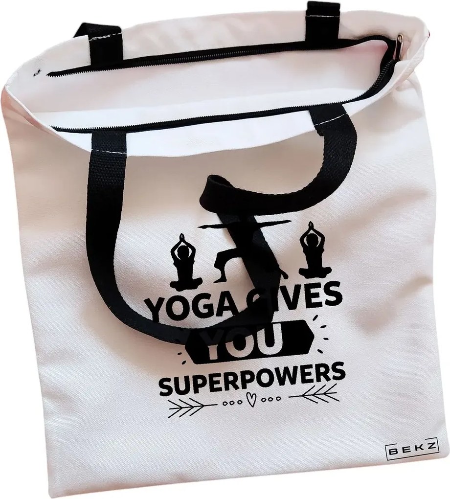 Sacosa de Panza pentru Cumparaturi, Geanta Tote, Yoga gives you super powers, Cu fermoar, 38x34.5 cm, Alba, BEKZ®