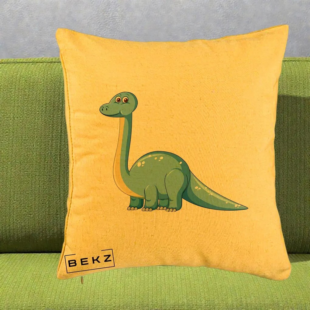 Perna Personalizata Brontosaur Albastru, 40x40 cm, Galben, Husa Detasabila, Perna Inclusa, BEKZ®