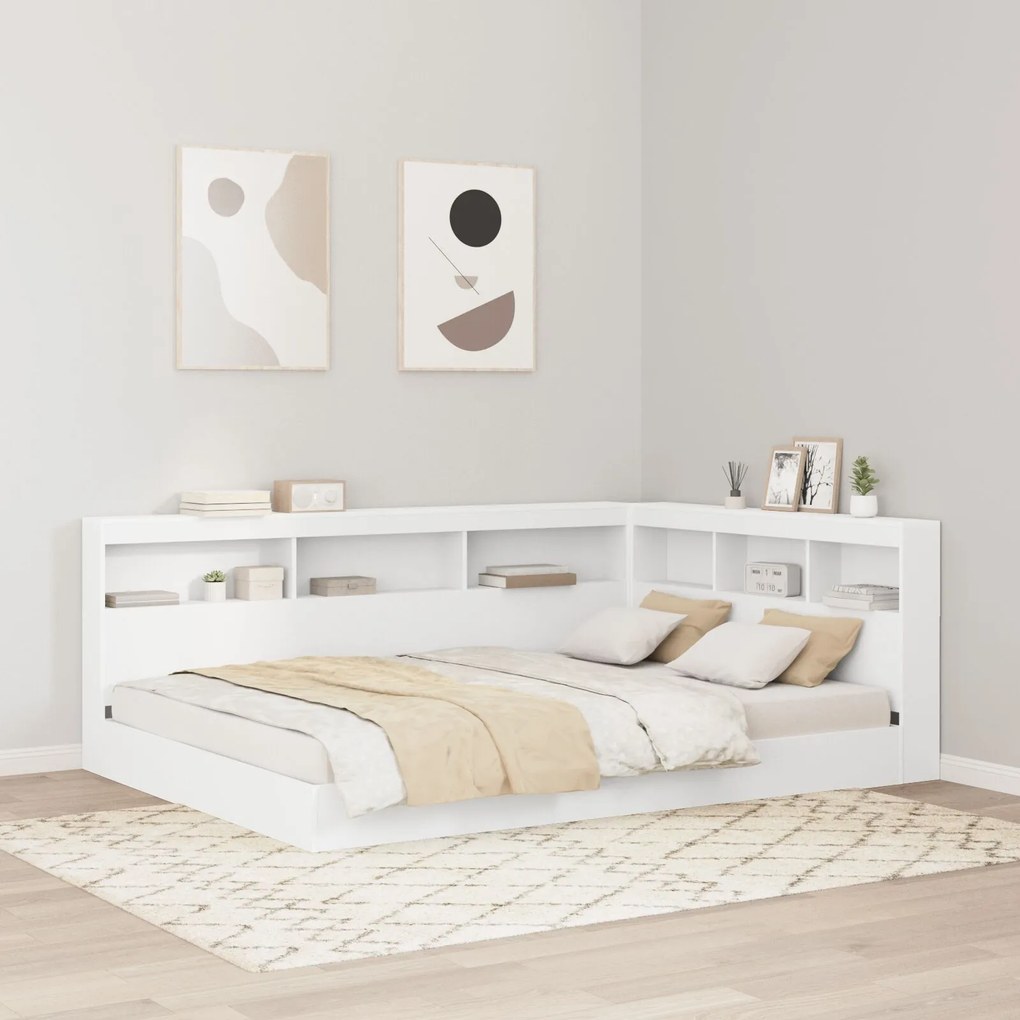vidaXL Pat cu rafturi Alb 160x200 cm din lemn prelucrat