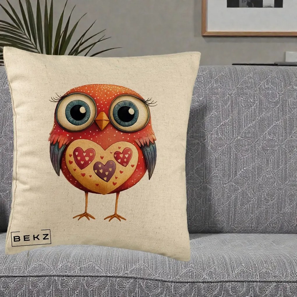 Perna Decorativa Bufnita Rosie cu Inimi Aurii, 40x40 cm, Bej, Husa Detasabila, Perna Inclusa, BEKZ®