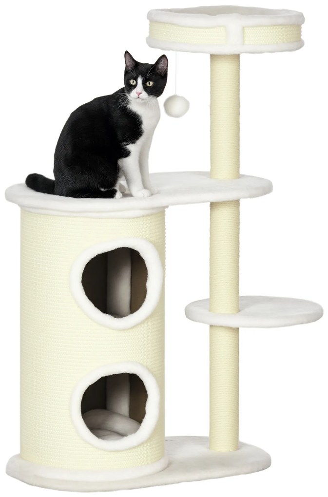 PawHut Copac de zgâriat cu casă pentru zgâriat, 1 pat pentru pisică și jucărie pentru pisică, 59 cm x 35 cm x 100 cm, Crem | Aosom Romania