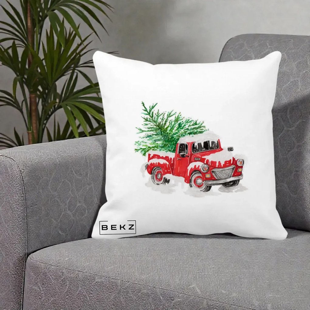 Perna Decorativa Camioneta Rosie Brad de Craciun, 40x40 cm, Alba Mata, Husa Detasabila, Perna Inclusa, BEKZ®
