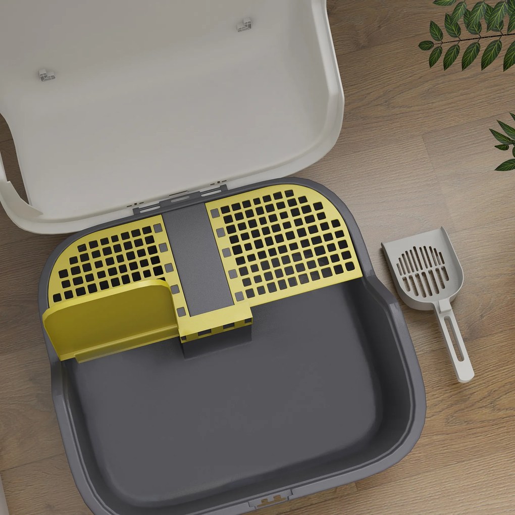 PawHut Bac de nisip pentru pisici casă de toaletă pentru pisici capac superior blocabil și deschis 50 x 50 x 39 cm, crem | Aosom Romania