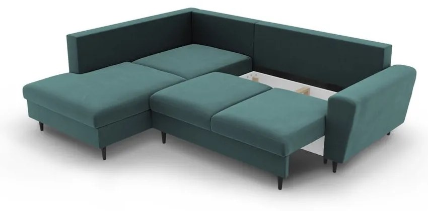 Colțar petrol extensibil, cu spațiu de depozitare cu tapițerie din catifea (cu colț pe partea stângă-în formă de ”L”) Kyoto – Cosmopolitan Design