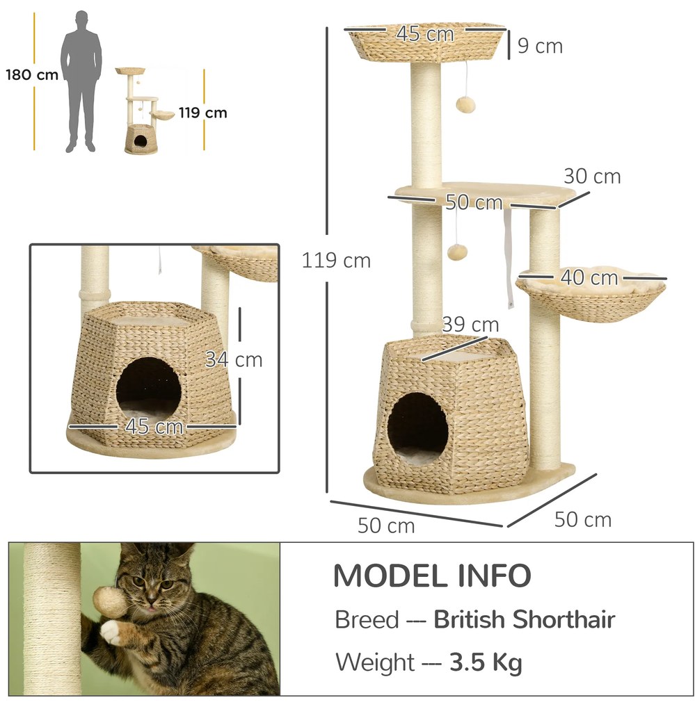 PawHut Copac de pisici cu elemente de escaladare si zgariat inaltime 119 cm coloane consolidate cu cutie hamac 2 bile suspendate | Aosom Romania