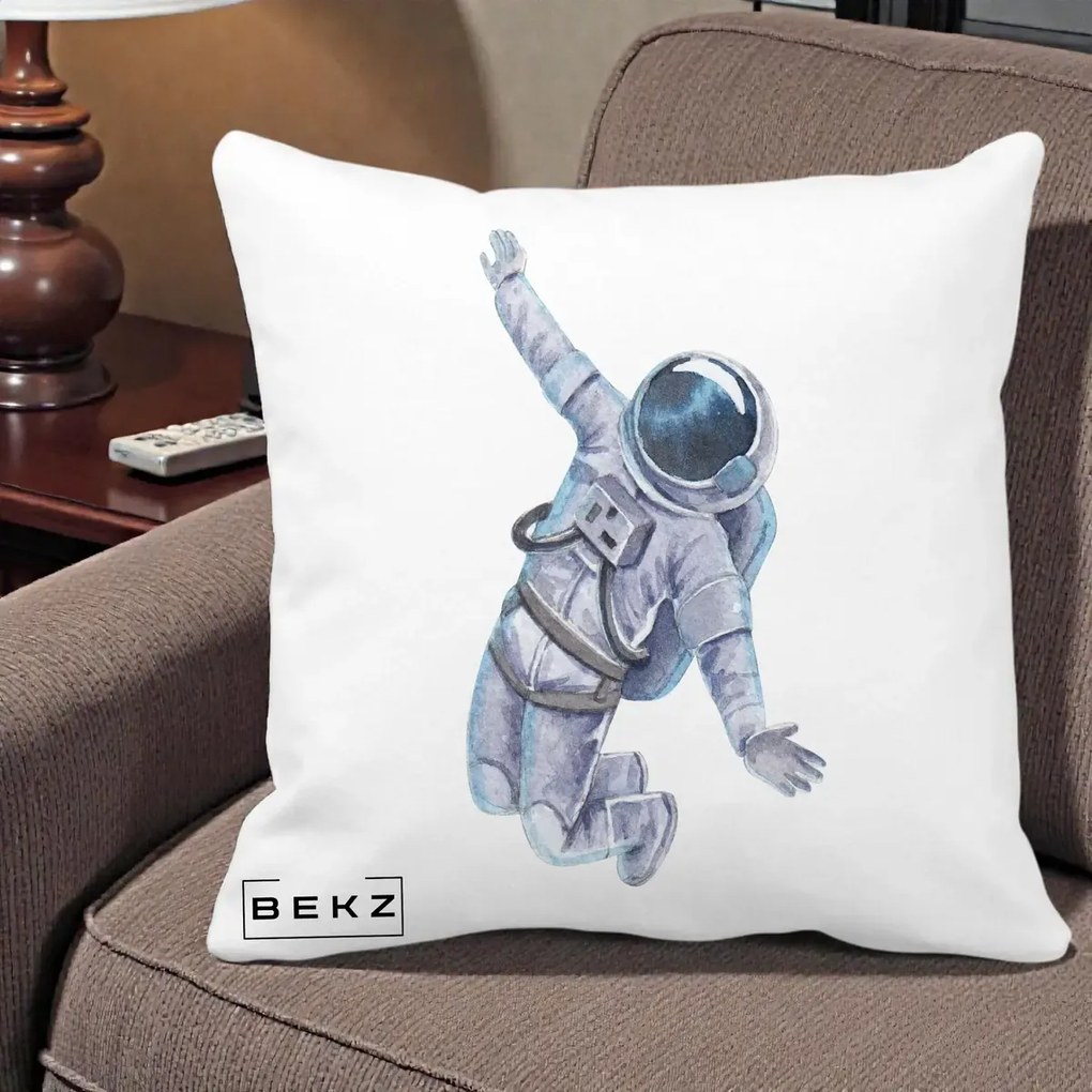 Perna Decorativa Astronaut Acuarela Zbor, 40x40 cm, Alba Mata, Husa Detasabila, Perna Inclusa, BEKZ®
