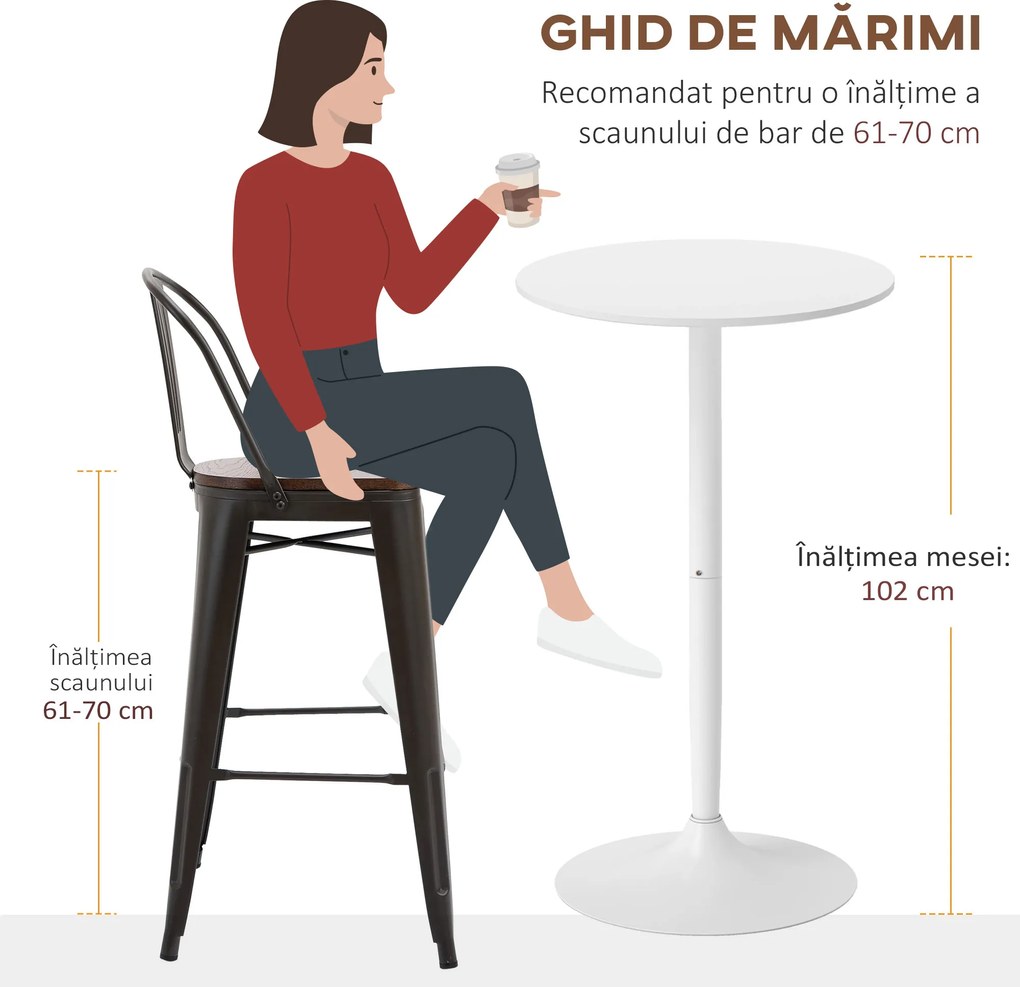 HOMCOM Masă de Bar Înaltă, Masă Modernă Rotundă de Dining cu Blat Vopsit și Bază din Oțel, Masă Bistro pentru 2 Persoane, Alb | Aosom Romania