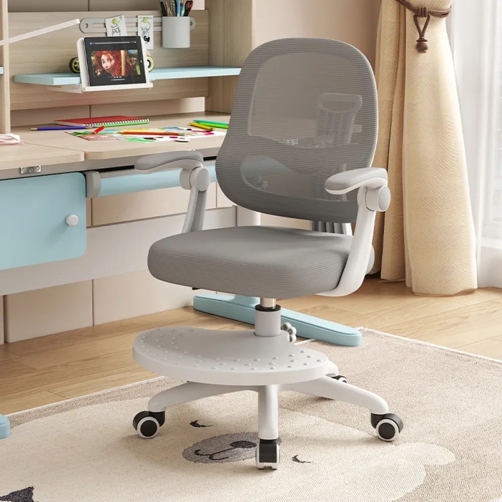 Scaun ergonomic pentru copii, spatar relgabil adancime, suport picioare reglabil, rotativ, Gri