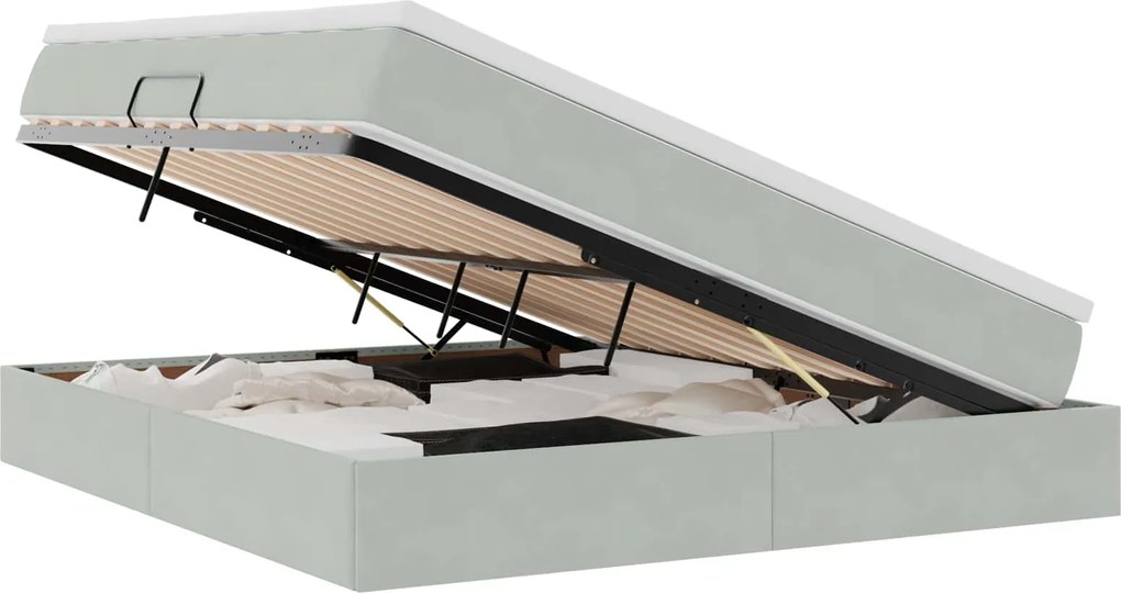 vidaXL Pat cu saltea și spațiu de depozitare Gri deschis 180 x 200 cm