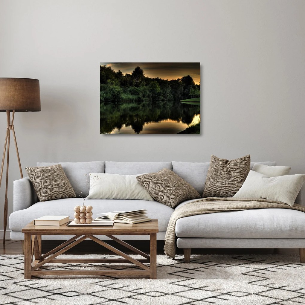 Tablou pe sticlă cu lac în pădure (70x50 cm)