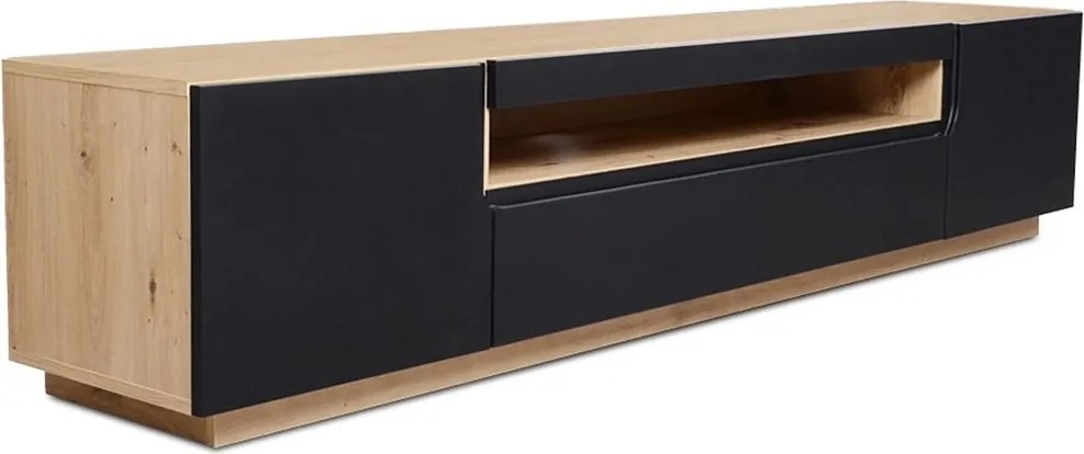 Comodă TV Loftia 200 cm cu două uși și nișă - artisan / negru mat