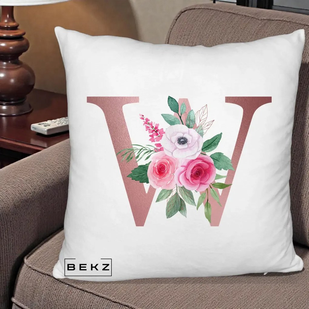 Cadou Personalizat - Perna Personalizata Monograma Rose Gold Litera W cu Trandafiri si Anemona, 40x40 cm, Alb Pufos, Husa Detasabila, Perna Inclusa, BEKZ®