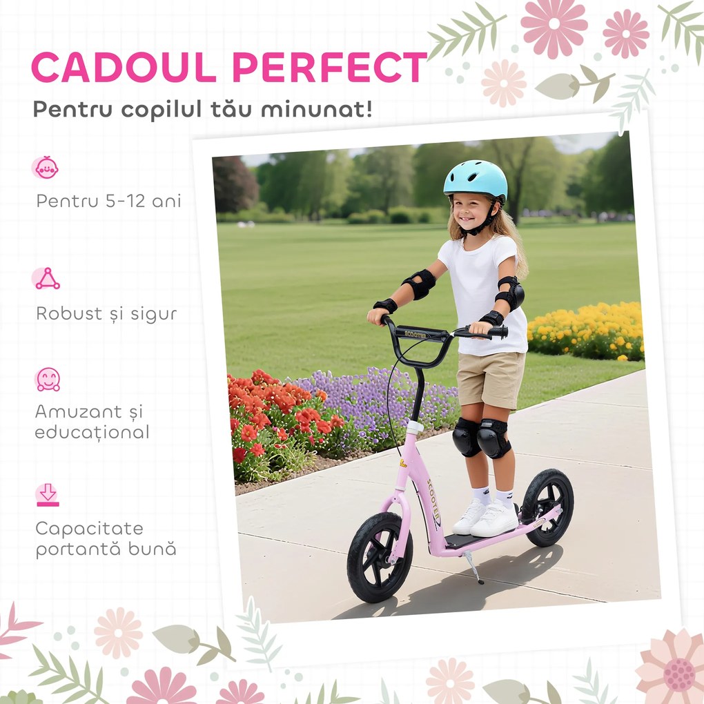 HOMCOM Trotinetă cu 2 Roți pentru Copii 5-12 Ani cu Frână Posterioară și Ghidon Reglabil, Trotinetă din Oțel și Plastic, 120x52x80-88 cm, Roz | Aosom Romania
