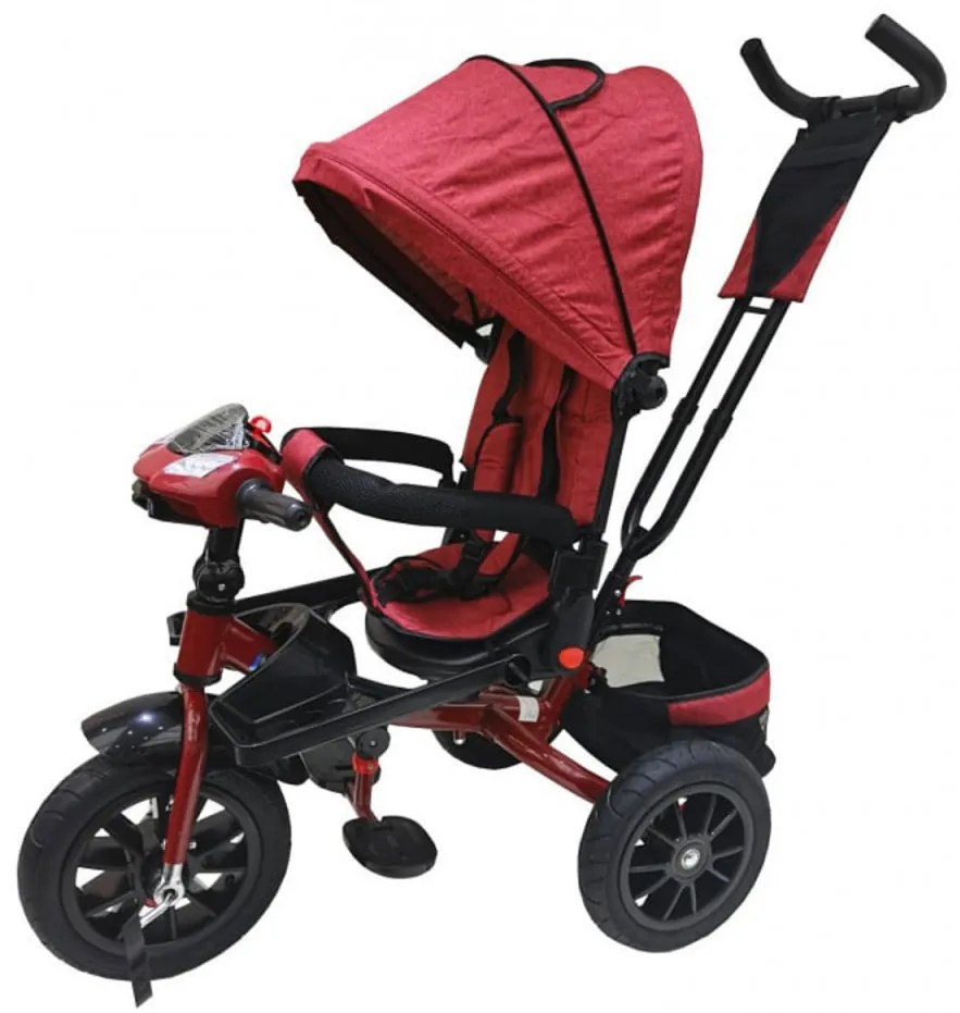 Tricicleta cu copertina NOVOKIDS Super Trike, Cu melodii si lumini, Roti din cauciuc, Pozitie somn, Scaun reversibil cu rotatie 360 grade, Rosu