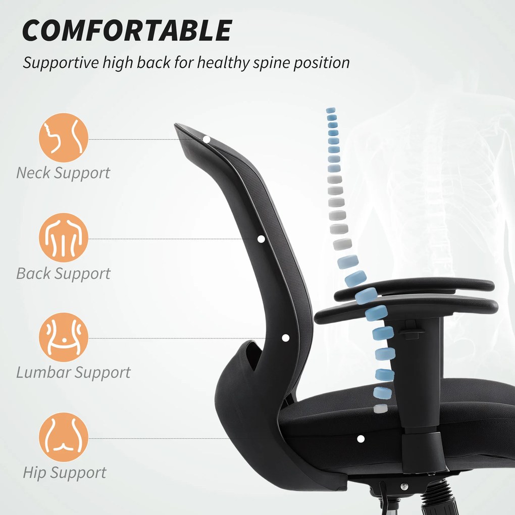 Scaun de Birou HOMCOM Respirabil și Reclinabil cu Înălțime Reglabilă, Negru | Aosom Romania