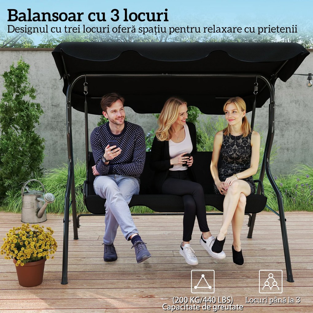 Outsunny Balansoar de Grădină 3 Locuri cu Acoperiș Reglabil și Perne Moi din Poliester, Capacitate 240 kg, 170x110x153 cm, Negru | Aosom Romania