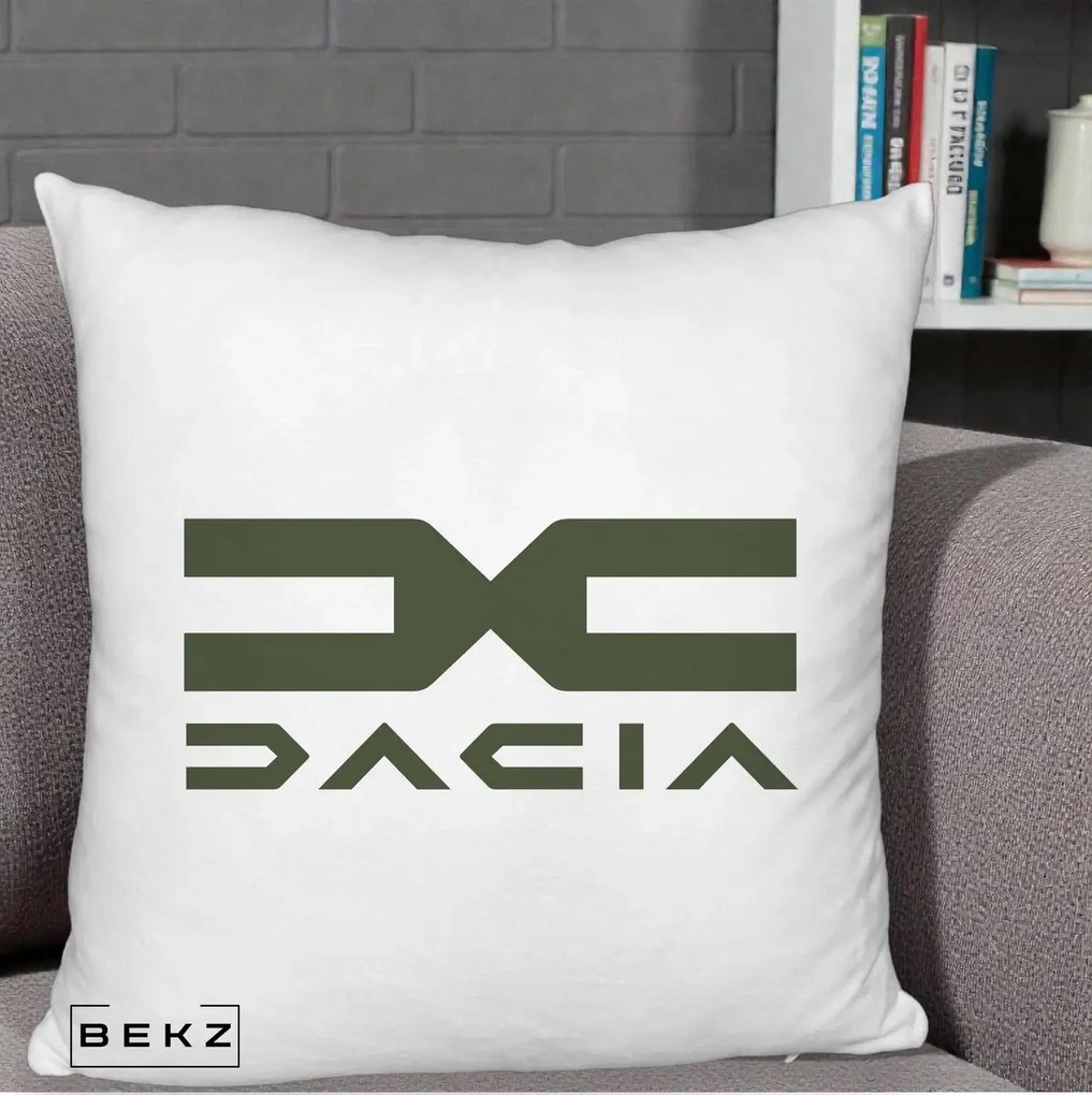 Perna Personalizata cu emblema Dacia, 40x40 cm, Alb Pufos, Husa Detasabila, Perna Inclusa, BEKZ®