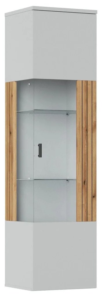 Vitrina VERO V01P, alb/stejar, PAL laminat/MDF/sticla, 45x40x174 cm