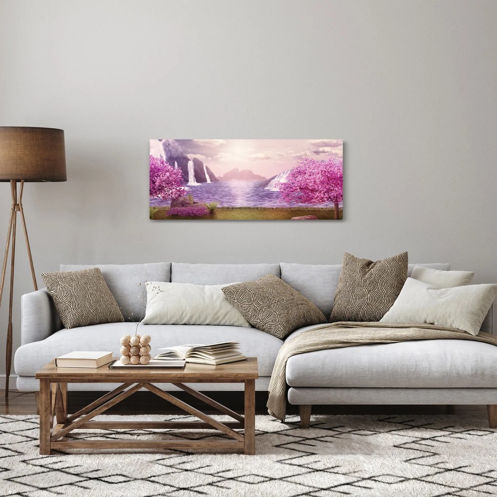 Tablou cu pomi roz cu lac (120x50 cm)