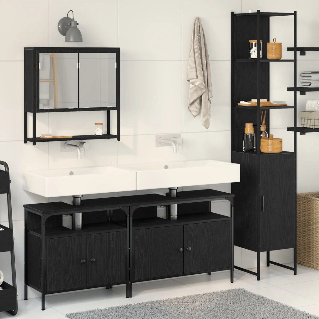 vidaXL Set de Mobilier pentru Baie 4 Piese - Negru Stejar, Fabricat din Lemn Compus