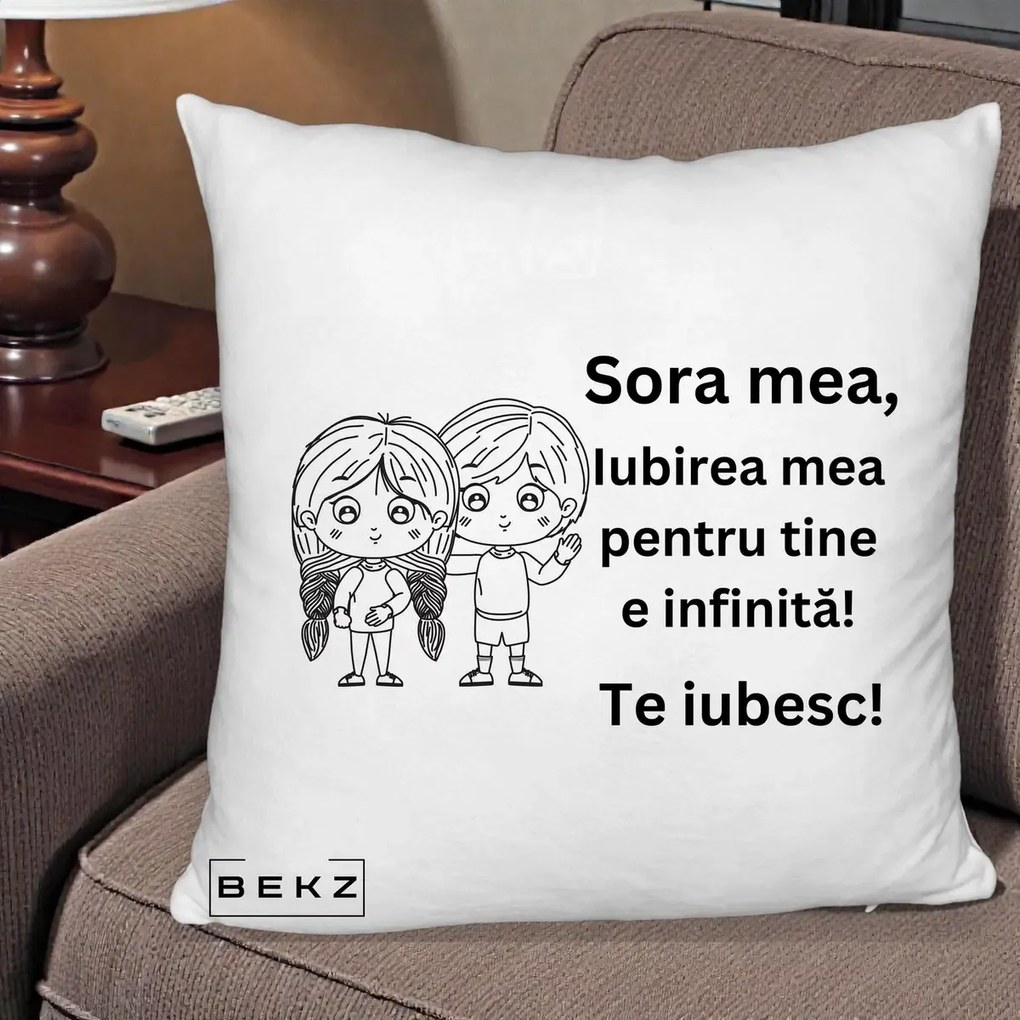 Cadou pentru Sora - Perna Personalizata Sora Mea Te Iubesc Copii Anime Line Art, 40x40 cm, Alb Pufos, Husa Detasabila, Perna Inclusa, BEKZ®