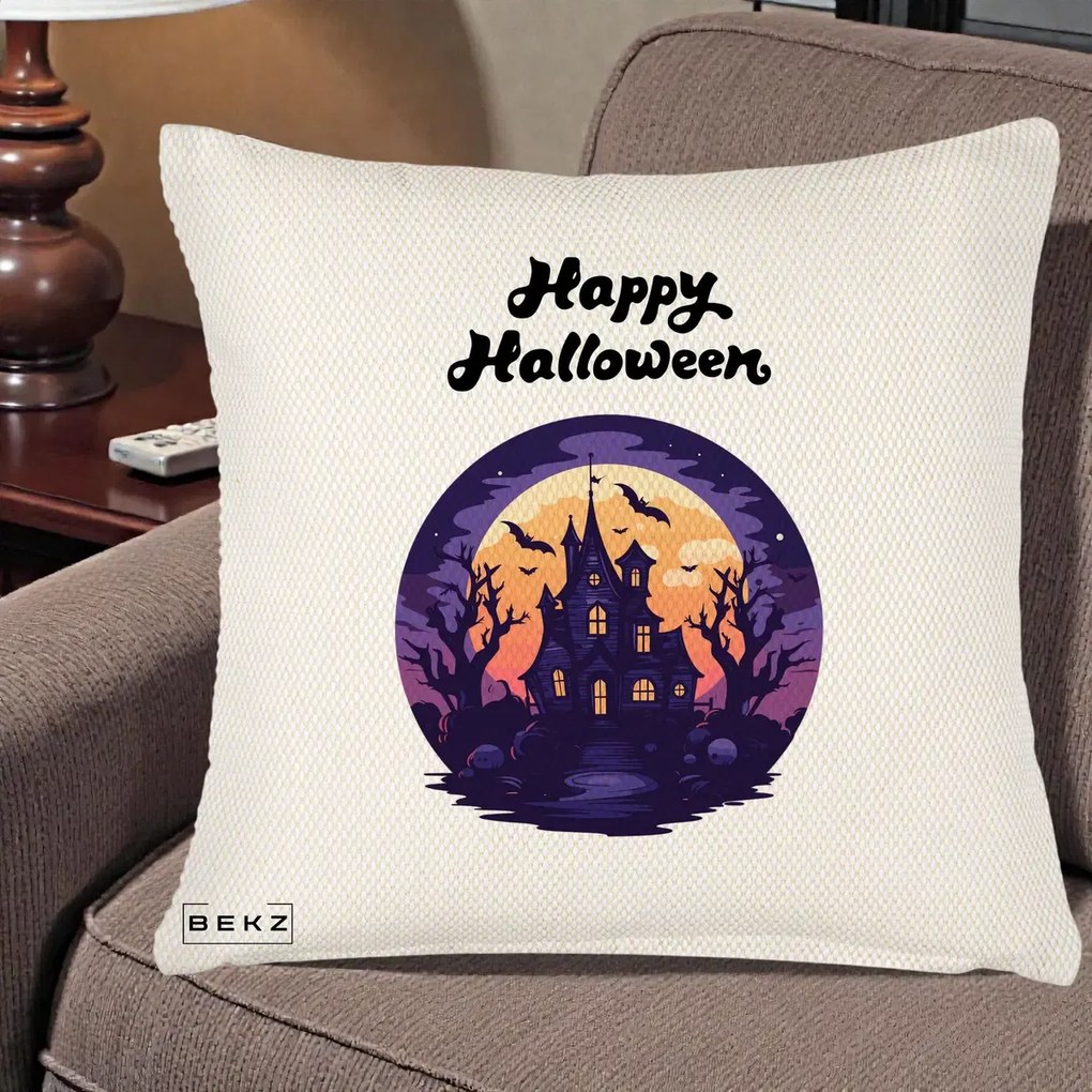 Perna Decorativa Happy Halloween Casa Bantuita Violet, 40x40 cm, Crem Reliefat, Husa Detasabila, Perna Inclusa, BEKZ®