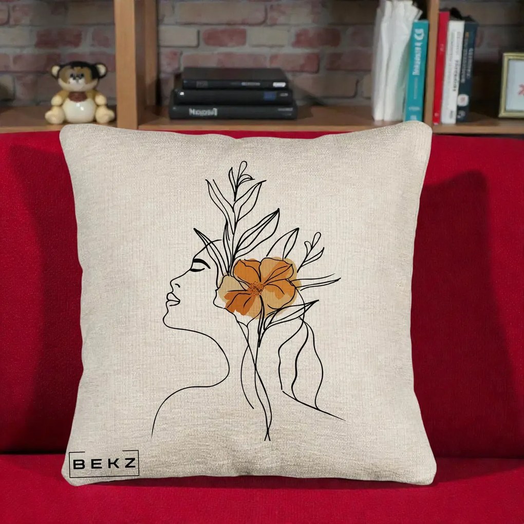 Perna Decorativa Portret Feminin Floare Portocalie Lateral, 40x40 cm, Bej Canapea, Husa Detasabila, Perna Inclusa, BEKZ®