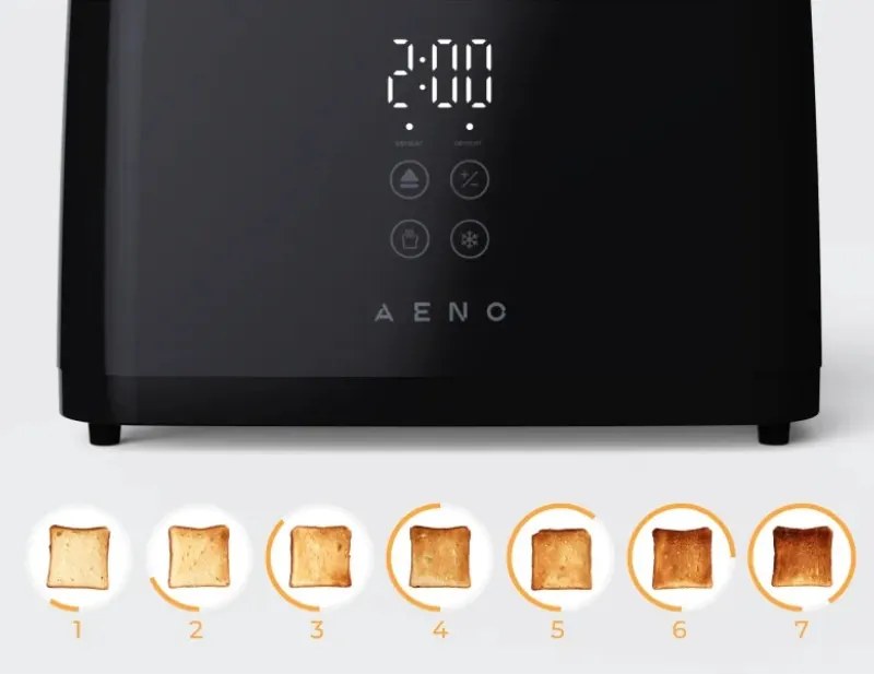 Prăjitor de pâine AENO ATS0002B, 930 W, 7 trepte, comandă tactilă, temporizator invers, protecție împotriva blocării, silențios, negru