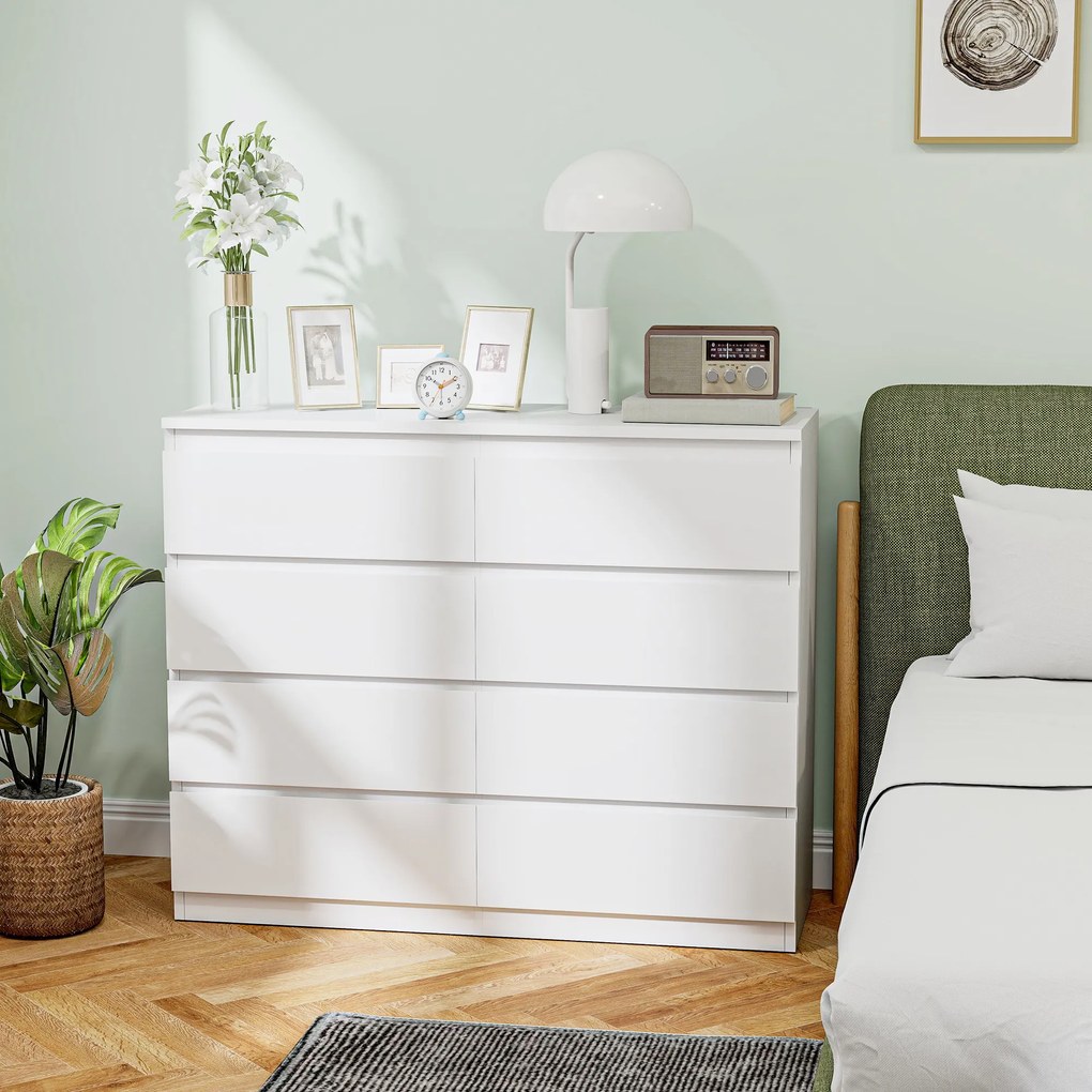 HOMCOM Comodă 8 Sertare cu Mânere Canelate 120x39x100 cm Alb | Aosom Romania