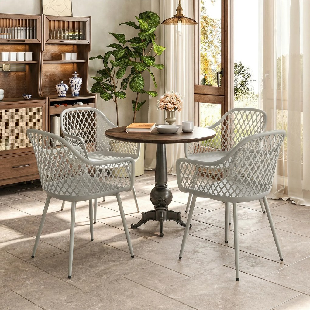 Outsunny Set de 4 Scaune de Grădină Exterioare din PP cu Spătar Diamant Șezut Anti-UV Cotiere și Picioare Metalice Gri | Aosom Romania