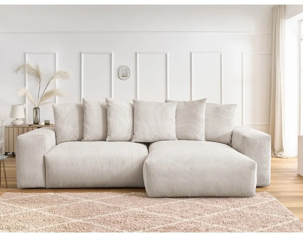 Colțar crem extensibil/cu spațiu de depozitare cu tapițerie din catifea reiată Voltaire – Bobochic Paris