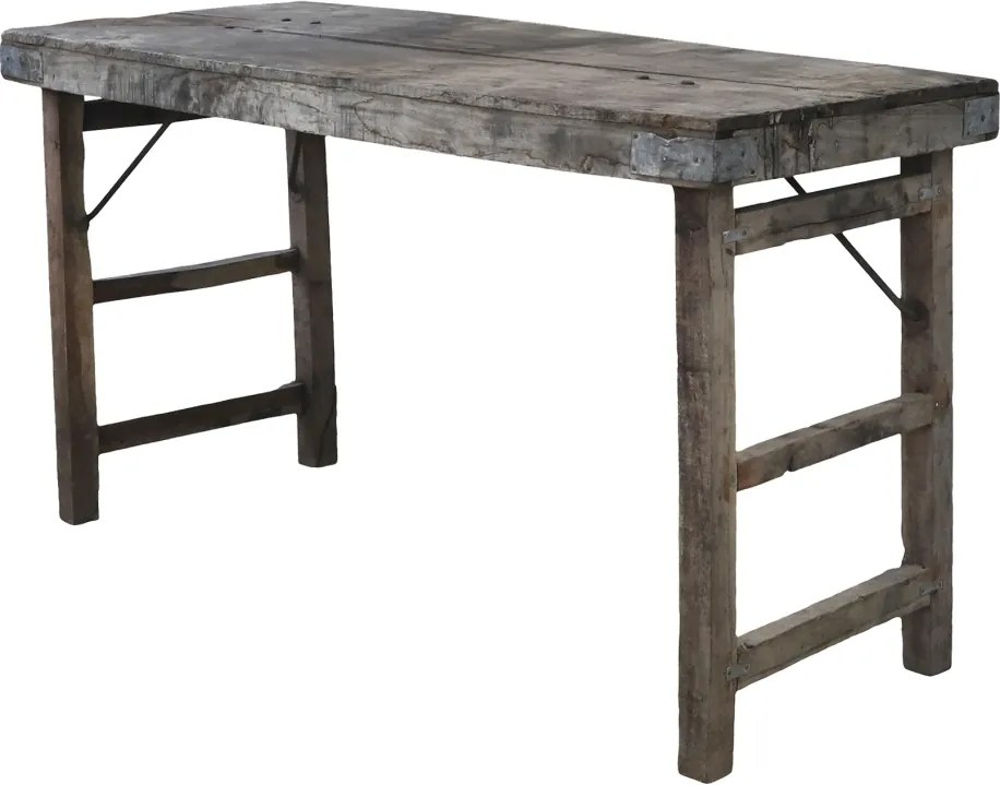 Masă consolă în stil farmhouse, din lemn reciclat, natur, cu picioare pliabile și colțare metalice, 67 x 120 x 60 cm, „Grimaud”