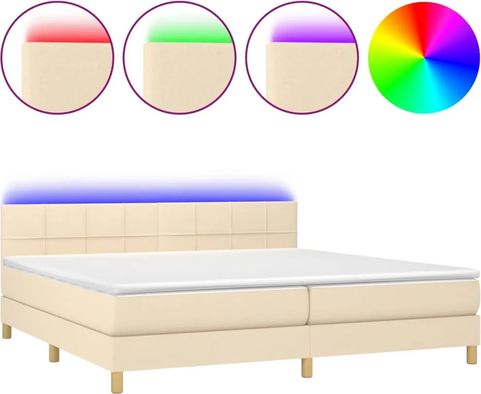 vidaXL Pat cu arcuri, saltea și LED, crem, 200x200 cm, textil