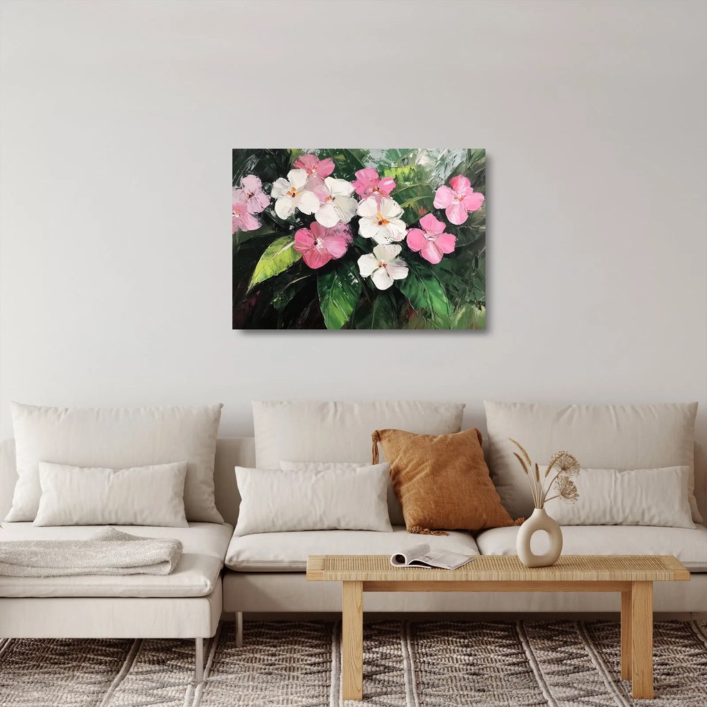 Tablou pe sticlă - Flori roz și albe (70x50 cm)