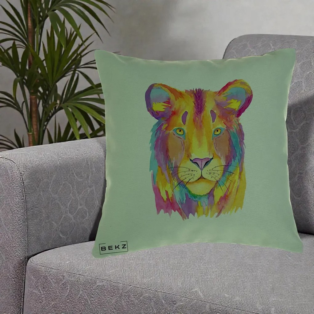 Perna Decorativa Leu Acuarela Curcubeu, 40x40 cm, Verde, Husa Detasabila, Perna Inclusa, BEKZ®