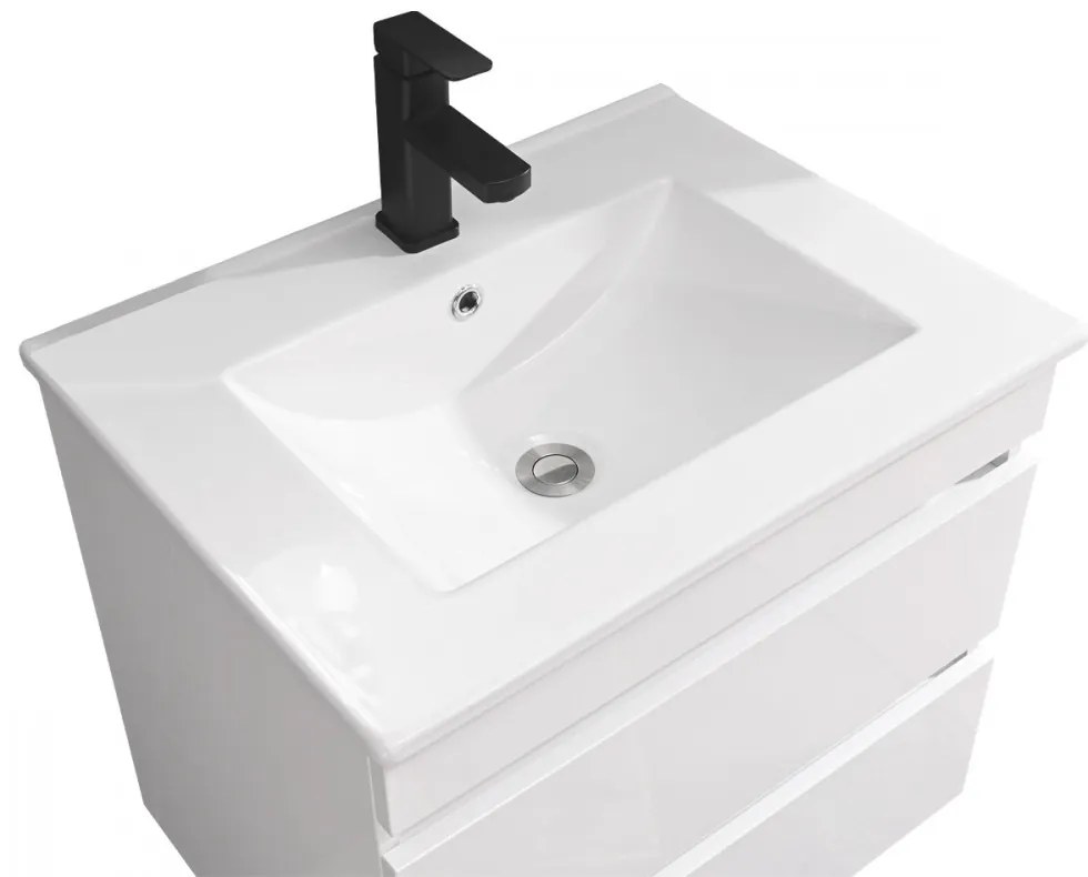 Mobilier de baie Cube 60 cm cu lavoar ceramic (2 sertare) și oglindă 60x80 cm vopsit în alb lucios