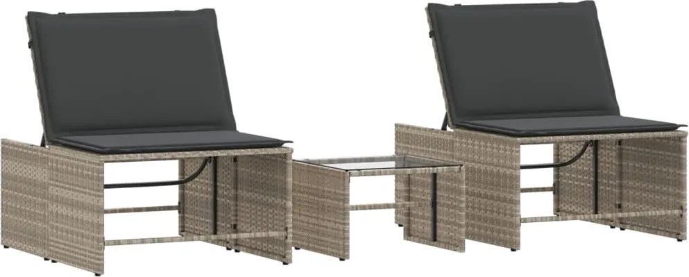 vidaXL Șezlonguri 2 buc. cu masă gri deschis, poliratan