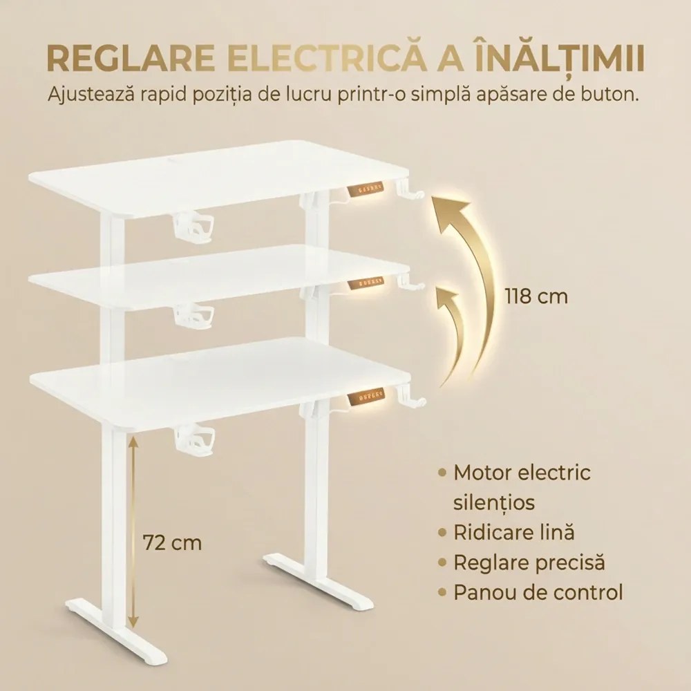 ELEVON WX-009 – Birou Reglabil Electric, Înălțime Reglabilă 72–118 cm, Blat Monobloc PAL de Înaltă Densitate 15 mm, Cadru Metalic din Oțel 65×45 mm, Panou Electronic, 140 × 60 cm, Alb
