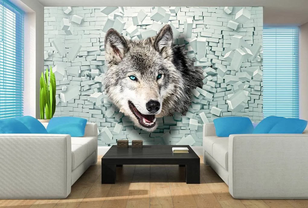 Fototapet - Lup iese din 3D perete (152,5x104 cm)