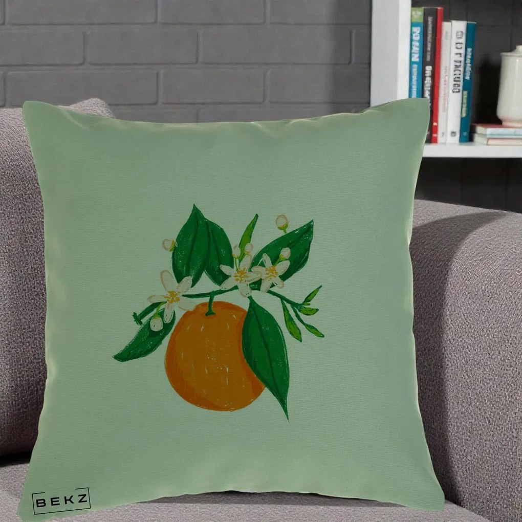 Perna Decorativa Portocala in Floare, 40x40 cm, Verde, Husa Detasabila, Perna Inclusa, BEKZ®