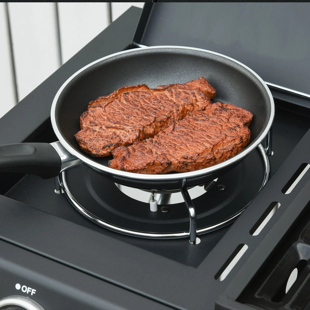 Outsunny Grătar pe gaz cu 3 arzătoare principale + 1 arzător lateral, raft, oțel inoxidabil, negru, 110 x 50 x 100 cm | Aosom Romania