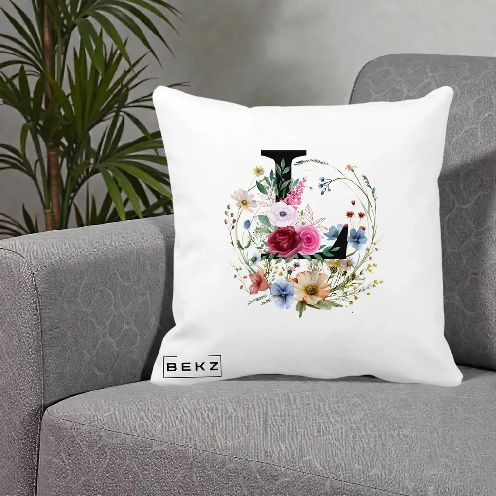 Cadou Personalizat - Perna Personalizata Monogram Litera L cu Flori Acuarela, 40x40 cm, Alba Mata, Husa Detasabila, Perna Inclusa, BEKZ®