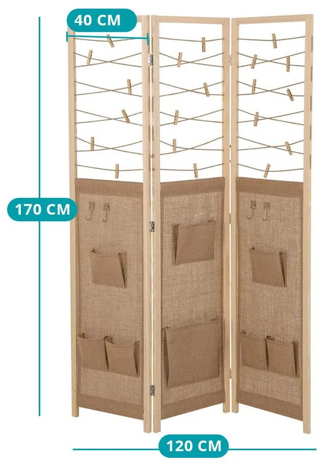 Paravan cu 3 panouri, 8 compartimente de depozitare și 4 cârlige – natur